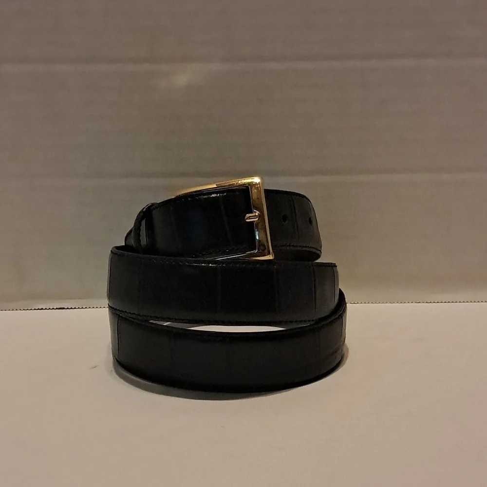 Jos A Bank Belt Mens 38 Black Embossed Leather Solid Brass Buckle Dress Preowned
